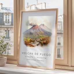 Volc??n De Fuego Travel Poster, Guatemala Volcano Print, Wall Art, Central America Gift - thumbnail 3