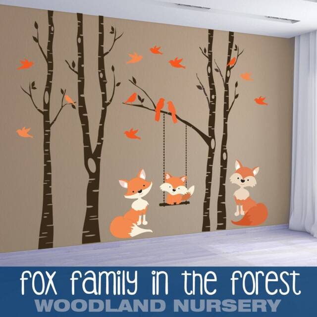 Orange Fox Family Woodland Nursery Decor Wall Decal 4 River Birch Trees Baby Fox Swings From Branch Forest Birds Vinyl - image 1