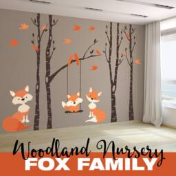 Orange Fox Family Woodland Nursery Decor Wall Decal 4 River Birch Trees Baby Fox Swings From Branch Forest Birds Vinyl - thumbnail 3