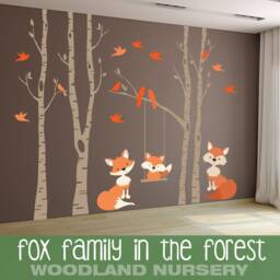 Orange Fox Family Woodland Nursery Decor Wall Decal 4 River Birch Trees Baby Fox Swings From Branch Forest Birds Vinyl - thumbnail 2