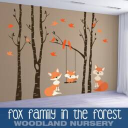 Orange Fox Family Woodland Nursery Decor Wall Decal 4 River Birch Trees Baby Fox Swings From Branch Forest Birds Vinyl - thumbnail 1
