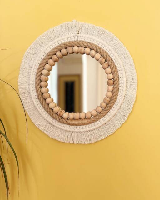 Boho Macrame Mirror With Wooden Beads, Handmade Wall Hanging Mirror, Neutral Home Decor, Bohemian Round Entryway Accent - image 1