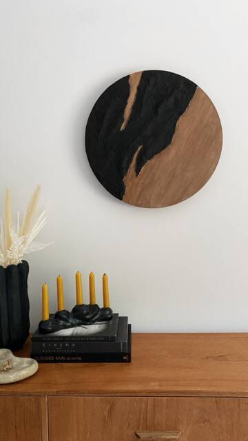 Round Black Textured Plaster Art - 3D Wall Paint Canvas Wabi Sabi Relief - image 1