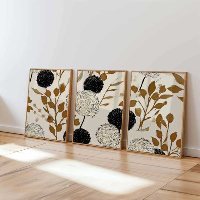 Neutral Abstract Floral Wall Art Set Of 3, Modern Botanical Prints in Beige & Black, Minimal Flower Posters For Contemporary Home Decor - image 1