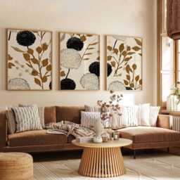 Neutral Abstract Floral Wall Art Set Of 3, Modern Botanical Prints in Beige & Black, Minimal Flower Posters For Contemporary Home Decor - thumbnail 3