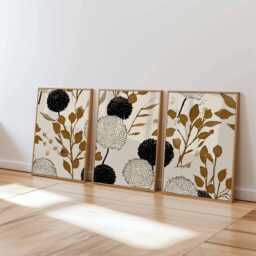 Neutral Abstract Floral Wall Art Set Of 3, Modern Botanical Prints in Beige & Black, Minimal Flower Posters For Contemporary Home Decor - thumbnail 1