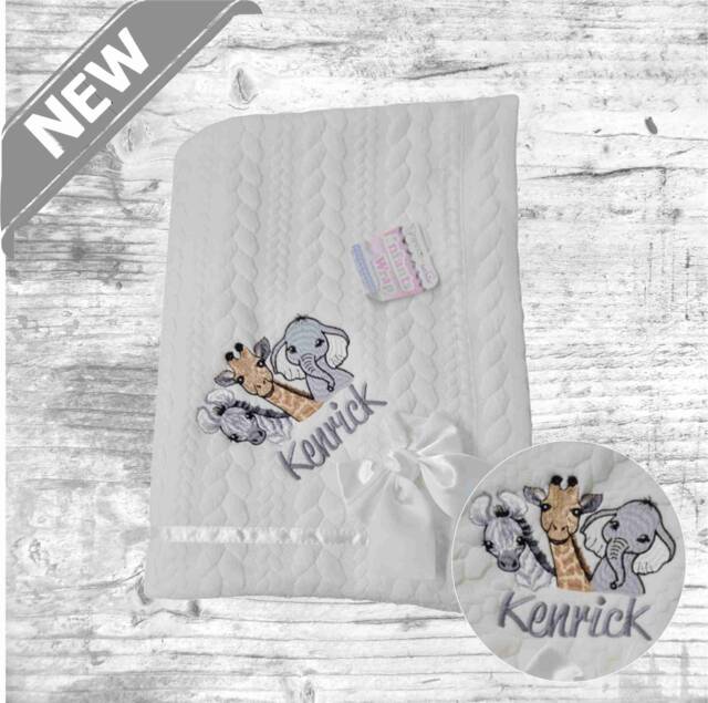Personalised New in Embroidered Baby Cable 3 Safari Blanket 5 Colours Super Soft - image 1
