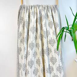 Kantha Stitch Pure Cotton Reversible Bed/Sofa Throw King Size - Handmade Handprinted Country Dohar Elegant White Grey Tribal Motif Stripe - thumbnail 3