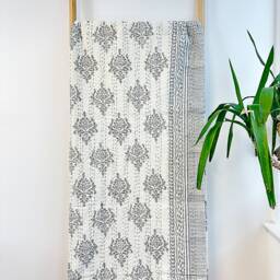 Kantha Stitch Pure Cotton Reversible Bed/Sofa Throw King Size - Handmade Handprinted Country Dohar Elegant White Grey Tribal Motif Stripe - thumbnail 2