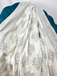Kantha Stitch Pure Cotton Reversible Bed/Sofa Throw King Size - Handmade Handprinted Country Dohar Elegant White Grey Tribal Motif Stripe - thumbnail 1
