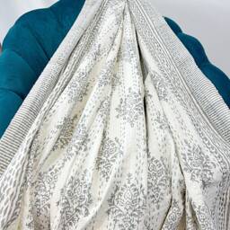Kantha Stitch Pure Cotton Reversible Bed/Sofa Throw King Size - Handmade Handprinted Country Dohar Elegant White Grey Tribal Motif Stripe - thumbnail 4