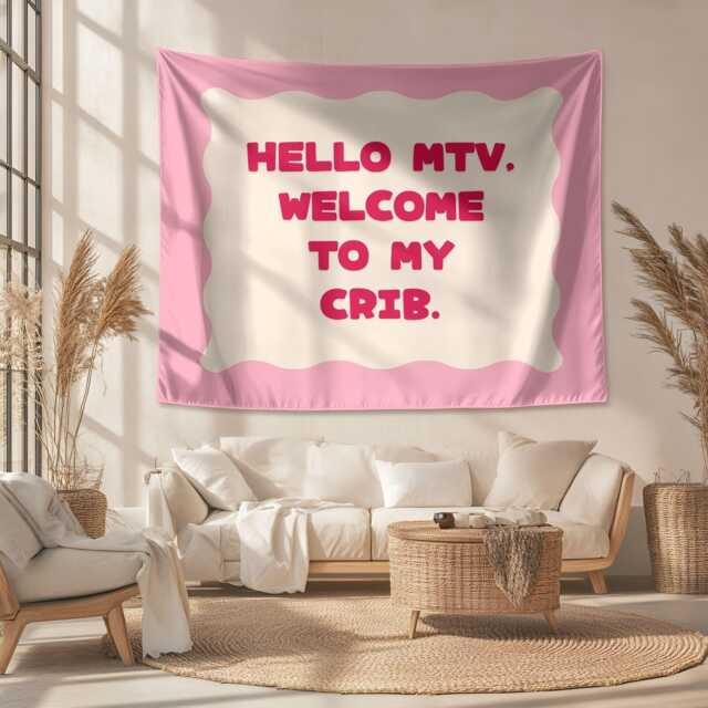 Hello Mtv, Welcome To My Crib Wall Tapestry - Pink White Banner Flag Boho Bedroom & Game Room Decor Girly Quote Slogan - image 1