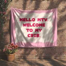 Hello Mtv, Welcome To My Crib Wall Tapestry - Pink White Banner Flag Boho Bedroom & Game Room Decor Girly Quote Slogan - thumbnail 2