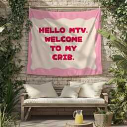 Hello Mtv, Welcome To My Crib Wall Tapestry - Pink White Banner Flag Boho Bedroom & Game Room Decor Girly Quote Slogan - thumbnail 3
