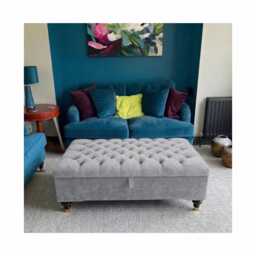 Plush Velvet Ottoman Box With Mahogany Cup Castor Legs Tufted Coffee Table, Footstool, Seating - thumbnail 1