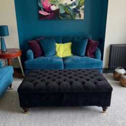 Plush Velvet Ottoman Box With Mahogany Cup Castor Legs Tufted Coffee Table, Footstool, Seating - thumbnail 2