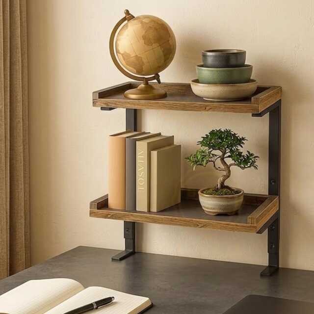 Desk Organizer Shelf 2 Tier Wooden Adjustable Laptop Stand Brown Rack - image 1