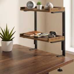 Desk Organizer Shelf 2 Tier Wooden Adjustable Laptop Stand Brown Rack - thumbnail 3