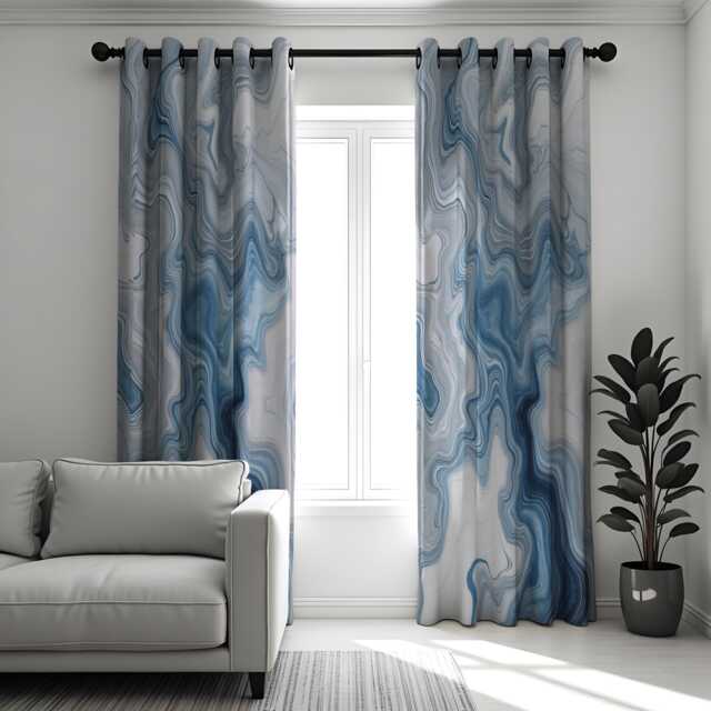 Blue Marble Pattern Curtains, Modern Fluid Abstract Drapes, Custom Made Window Panels in & Grey Tones For Living Room Or Bedroom - image 1