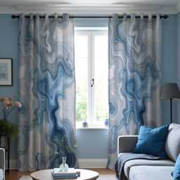 Blue Marble Pattern Curtains, Modern Fluid Abstract Drapes, Custom Made Window Panels in & Grey Tones For Living Room Or Bedroom - thumbnail 2