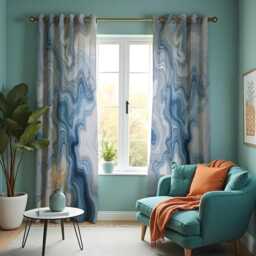 Blue Marble Pattern Curtains, Modern Fluid Abstract Drapes, Custom Made Window Panels in & Grey Tones For Living Room Or Bedroom - thumbnail 4