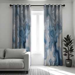 Blue Marble Pattern Curtains, Modern Fluid Abstract Drapes, Custom Made Window Panels in & Grey Tones For Living Room Or Bedroom