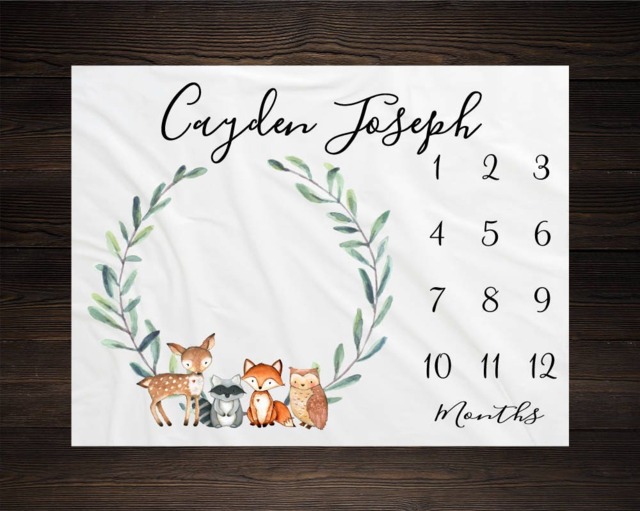 Woodland Milestone Blanket Monthly Growth Tracker Soft Fleece Fox Baby Shower Gift Newborn Watch Me Grow Boy - image 1