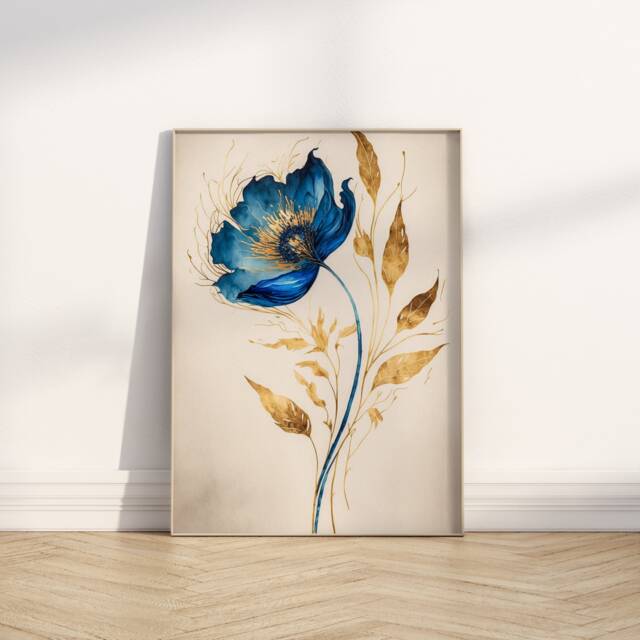 Blue Poppy Watercolor Print Gold Leaf Botanical Wall Art - image 1