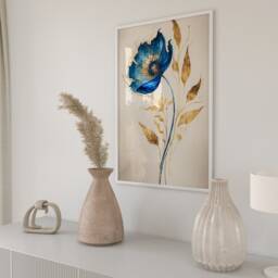 Blue Poppy Watercolor Print Gold Leaf Botanical Wall Art - thumbnail 2