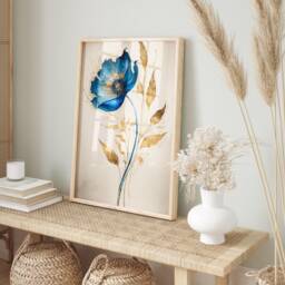 Blue Poppy Watercolor Print Gold Leaf Botanical Wall Art - thumbnail 3