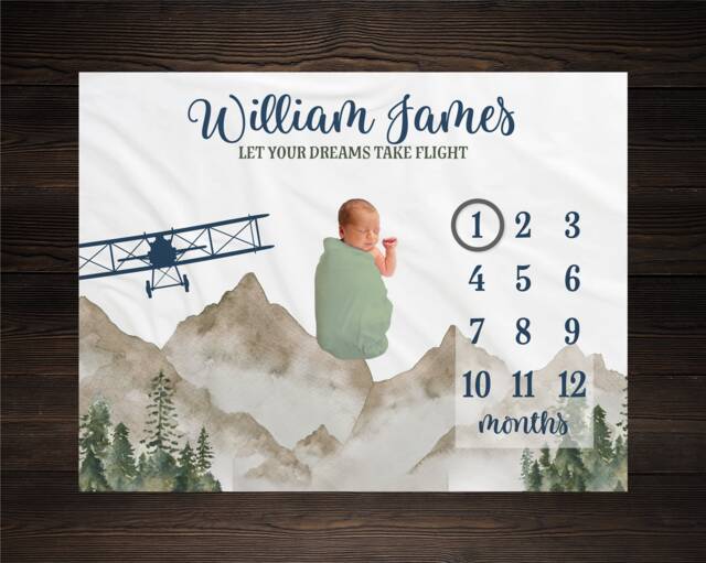 Airplane Milestone Blanket Monthly Growth Tracker Aircraft Baby Shower Gift Newborn Watch Me Grow Boy Bm05 - image 1