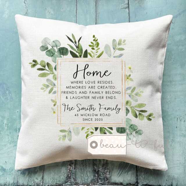 Personalised New Home Sweet Address Housewarming Botanical Greenery Design Quote Linen Style Cushion Home Gift - image 1