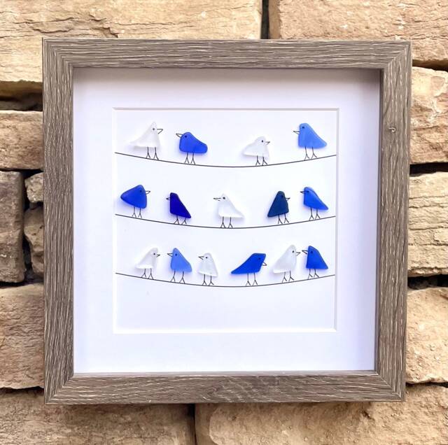 Sea Glass Birds On Wire, Coastal Framed Art, 9x9 Original Artwork - image 1