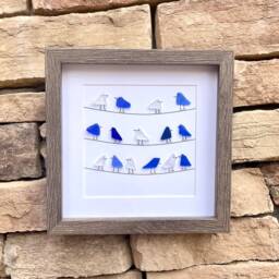 Sea Glass Birds On Wire, Coastal Framed Art, 9x9 Original Artwork - thumbnail 2