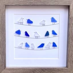 Sea Glass Birds On Wire, Coastal Framed Art, 9x9 Original Artwork - thumbnail 3