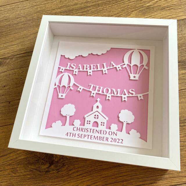 Personalised Christening Gift, Church & Hot Air Balloon Paper Cut in Frame - image 1