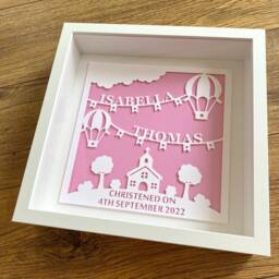 Personalised Christening Gift, Church & Hot Air Balloon Paper Cut in Frame - thumbnail 1