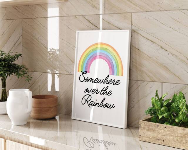 Somewhere Over The Rainbow Wall Art Print Nursery Bedroom Kids Room Pastel Decor Inspirational Quote Unframed Framed Gift - image 1