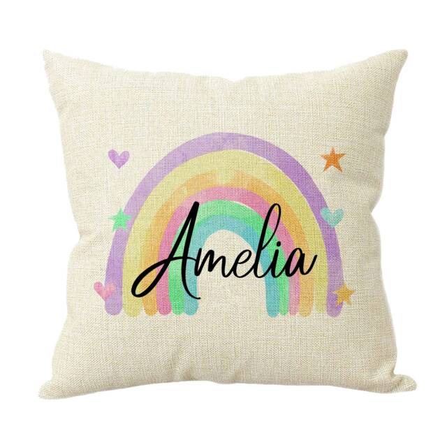 Personalised Rainbow Watercolour Cushion Pillow Hessian Style Birthday Present Custom Gift