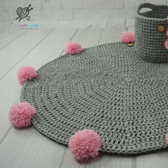 Crochet Nursery Rug Round Cotton Play Mat With Pom Poms - image 1