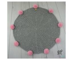 Crochet Nursery Rug Round Cotton Play Mat With Pom Poms - thumbnail 2