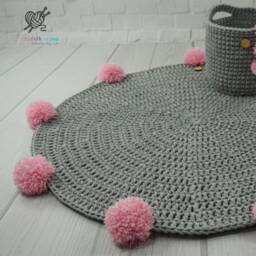 Crochet Nursery Rug Round Cotton Play Mat With Pom Poms - thumbnail 1