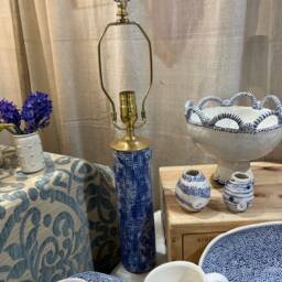 Handmade Ceramic Column Table Lamp Coastal Blue & White Decor - thumbnail 4