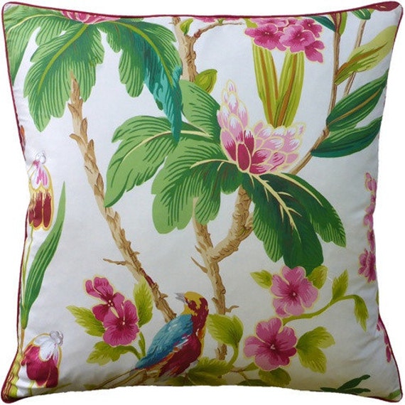 Seychelles in Ivory- Tropical Birds & Blooms - This Listing Is For One Pillow - image 1