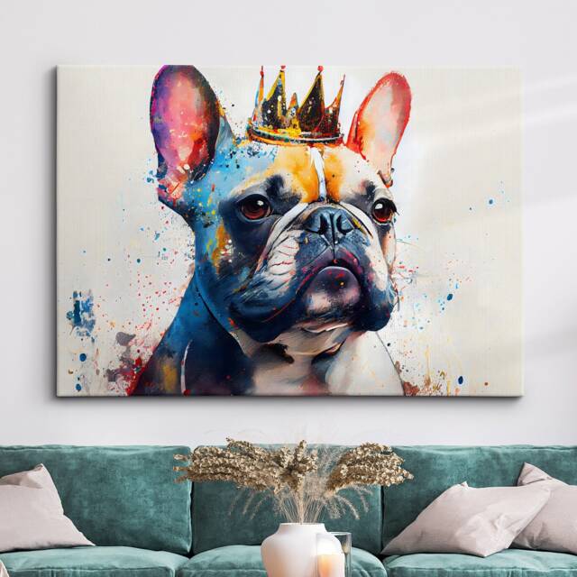 French Bulldog With Crown Dog Pet Abstract Modern Painting Wall Art, Framed Canvas Poster Print, Home Kitchen Office Room Decor, Gifts - image 1