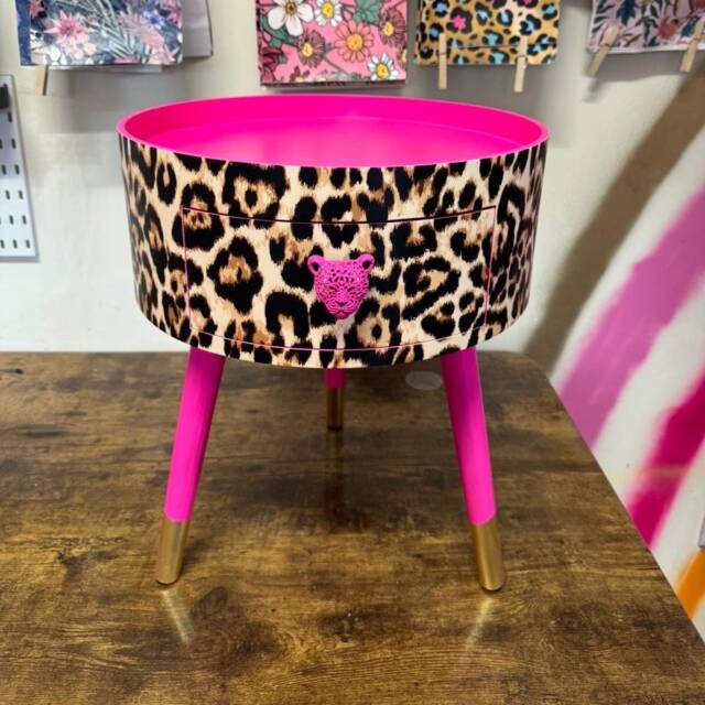 Hot Pink Leopard Round Bedside Table . Fun Bright Home Decor Ideal For Nightstand Or Side Table. Cheetah Print Gold Design - image 1