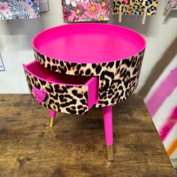 Hot Pink Leopard Round Bedside Table . Fun Bright Home Decor Ideal For Nightstand Or Side Table. Cheetah Print Gold Design - thumbnail 3