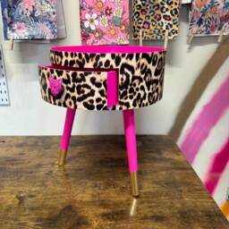 Hot Pink Leopard Round Bedside Table . Fun Bright Home Decor Ideal For Nightstand Or Side Table. Cheetah Print Gold Design - thumbnail 2