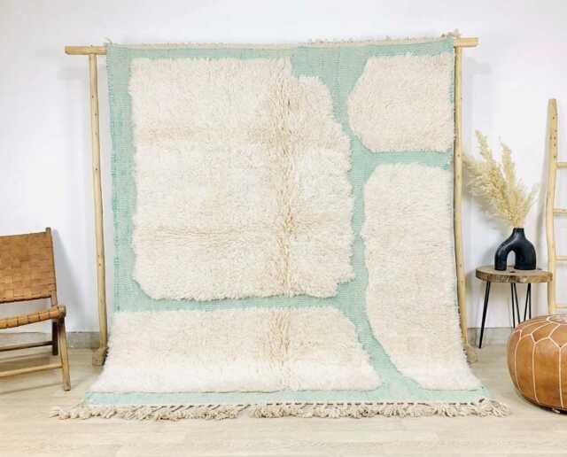 Hand Tufted Moroccan Ivory & Teal Berber Rug, Handwoven Wool Shag Rug With Geometric Blocks, Boho Nursery Large 9x12 Area - image 1