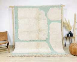 Hand Tufted Moroccan Ivory & Teal Berber Rug, Handwoven Wool Shag Rug With Geometric Blocks, Boho Nursery Large 9x12 Area - thumbnail 1